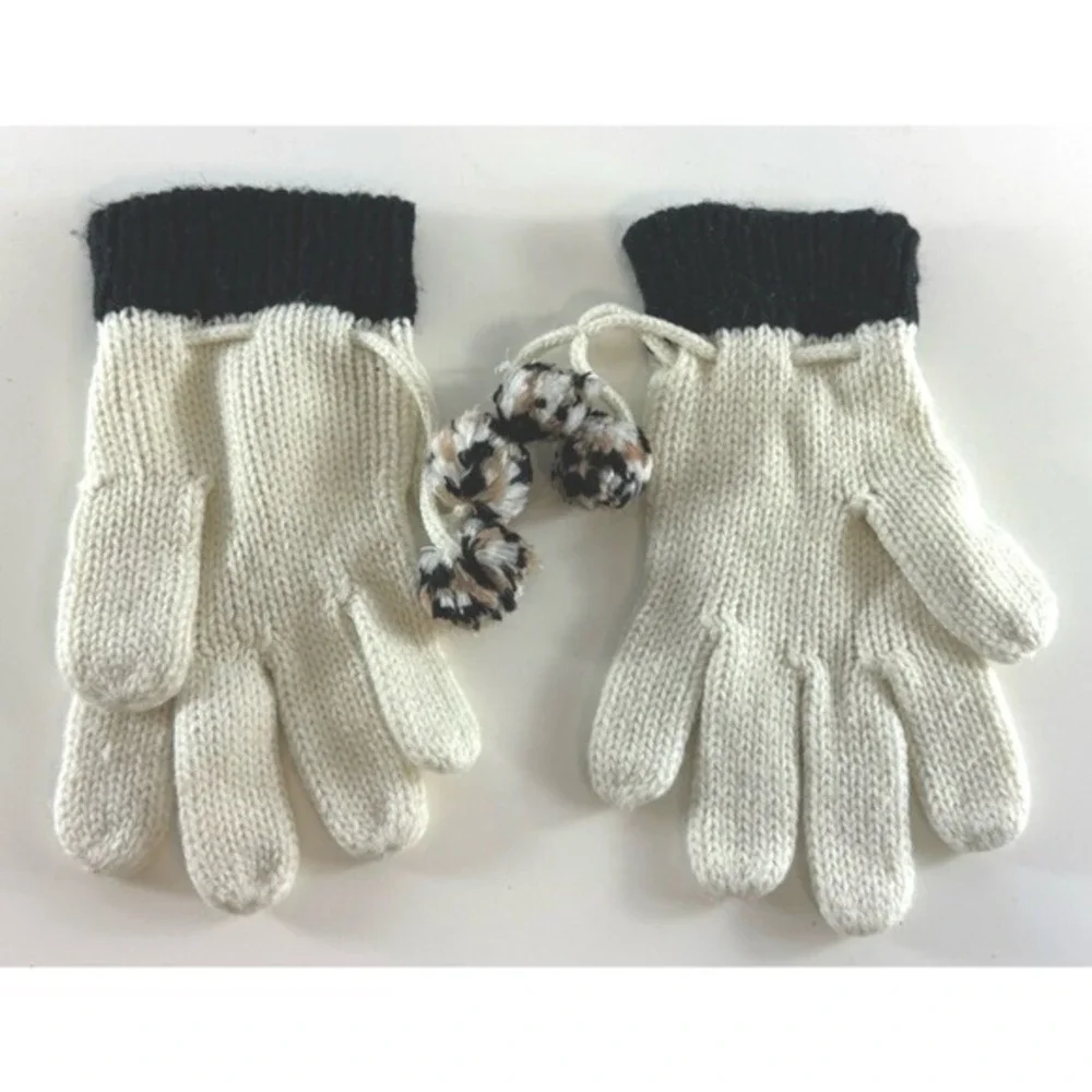 Liz Claiborne Knit Gloves with Pom Poms Cream & Black cold weather Cozy‎ 71-14